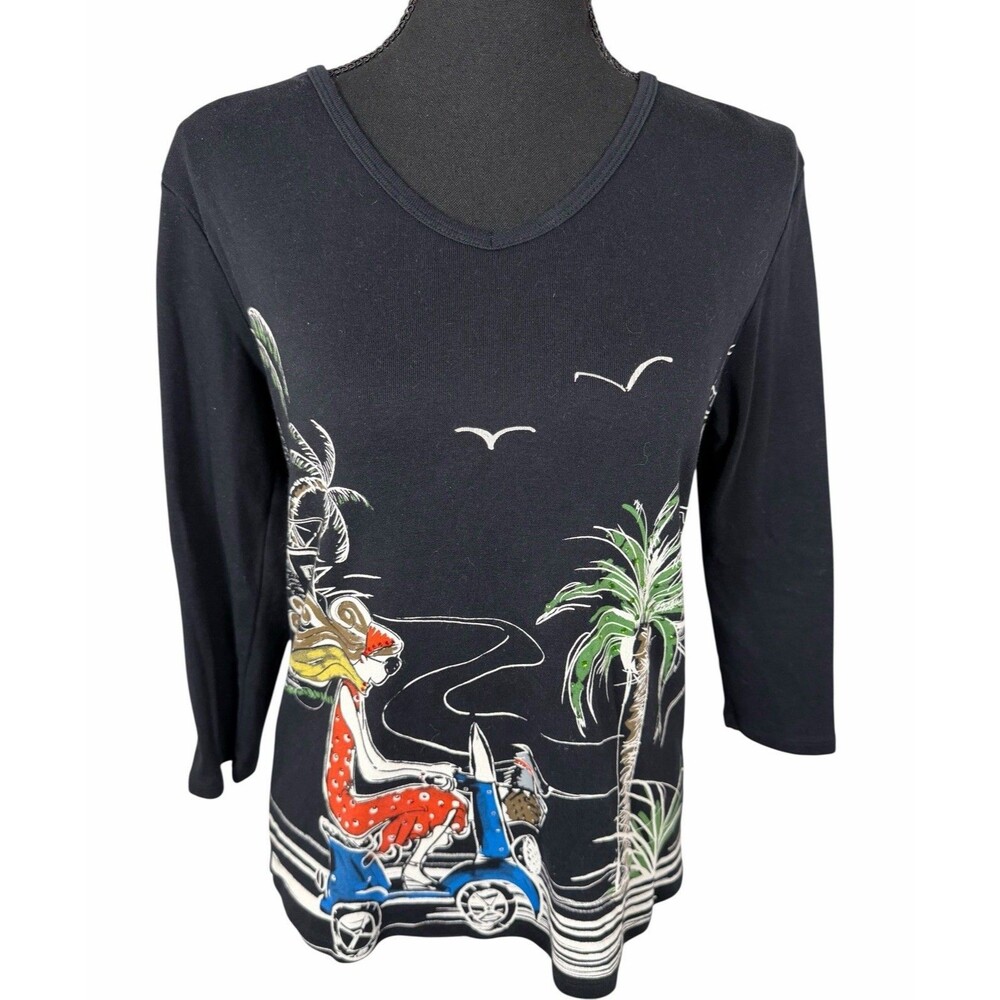 Jess & Jane Shirt Womens Small Artsy Quirky Vacation Scene 3/4 Sleeve Top
